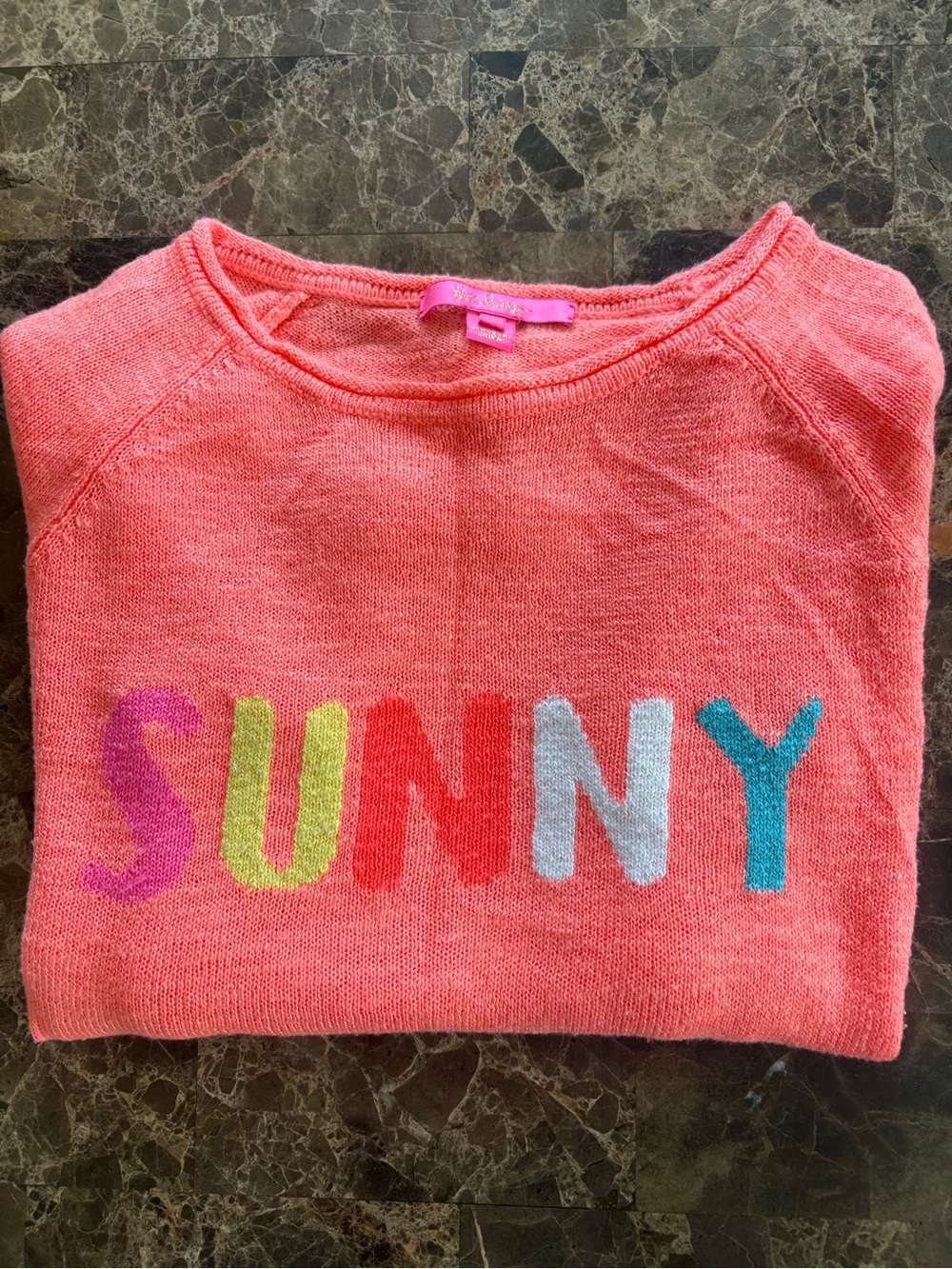 Lilly Pulitzer Coral Crewneck Sweater with Multicolor 'SUNNY' Text